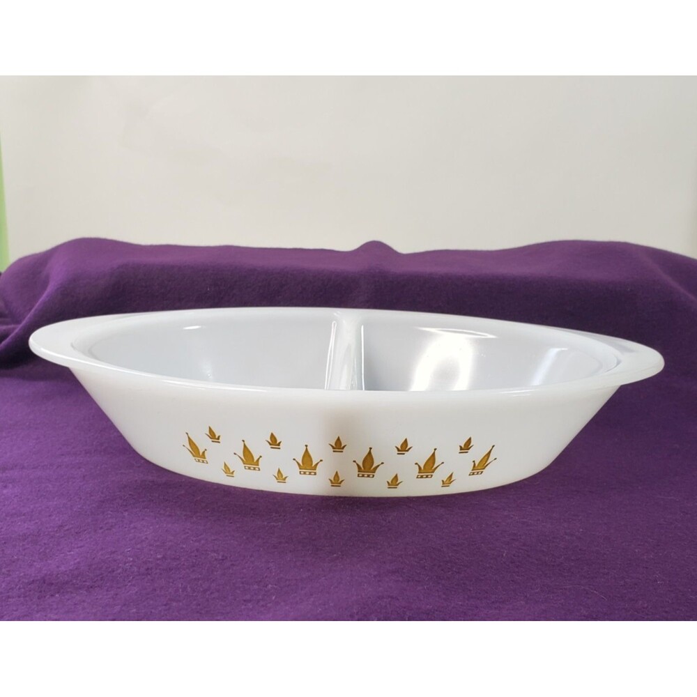 Vintage Oval Milk Glasbake Gold Crown Continental Divided Casserole Dish J-2351